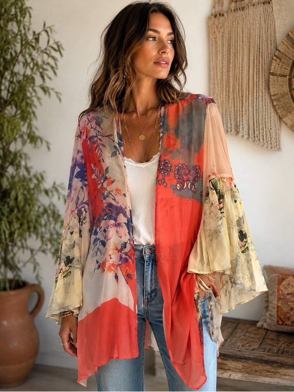 Kimono NWT Boho Floral Open-Front Kimono Cardigan - Coral & Cream